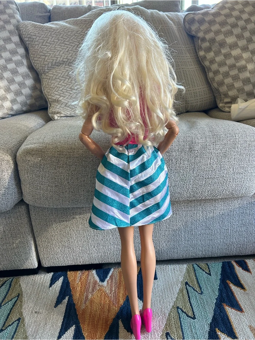 Barbie Fashion Doll Outfit Set - Pink Top with Teal and White Striped Skirt 28”